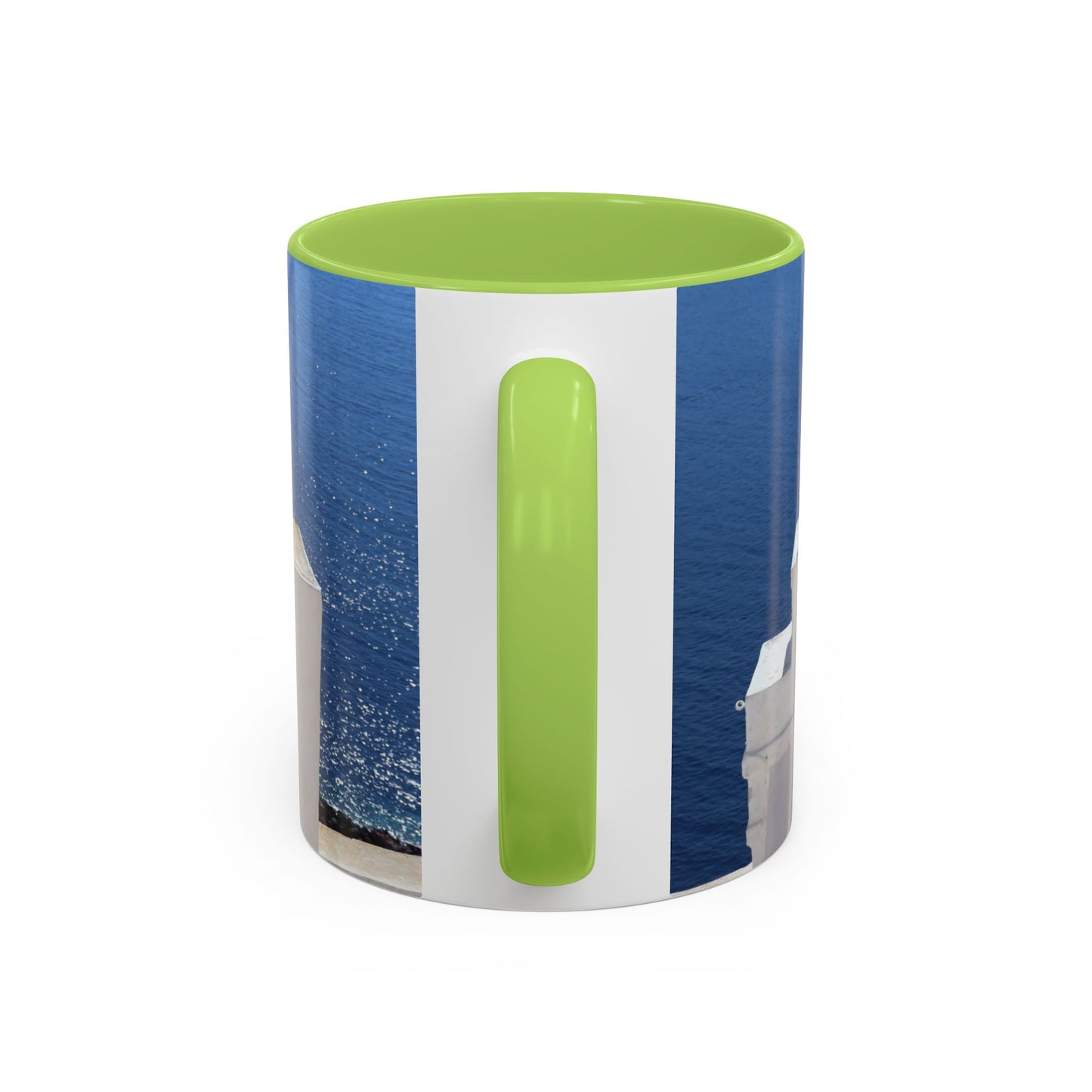 Santorini Bell Towers coffee mug | Greek island scene, blue sea accent mug