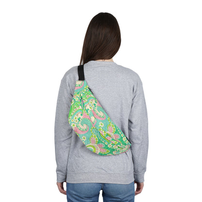 Green Paisley Large Fanny Pack — Retro Crossbody Waist Bag