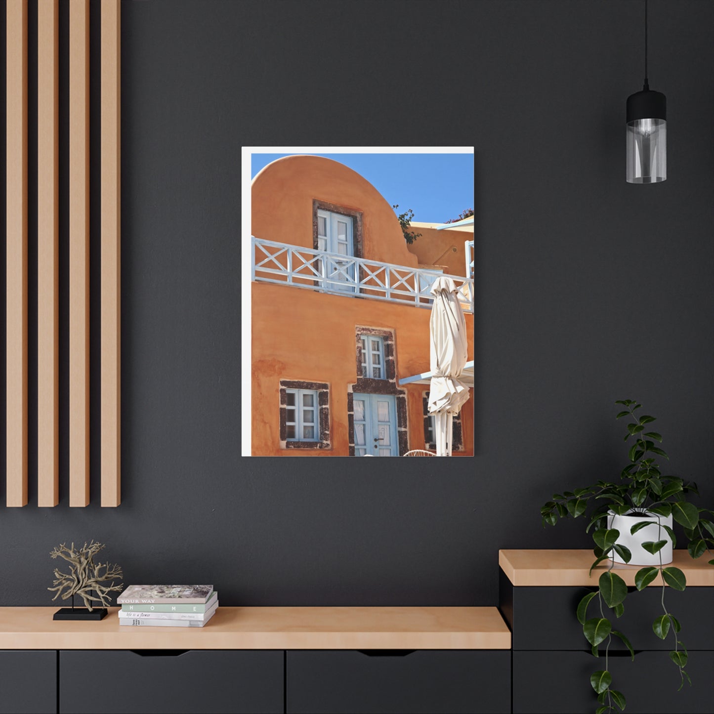 Oia Santorini Orange Facade Canvas — Mediterranean Terracotta Matte Wall Art