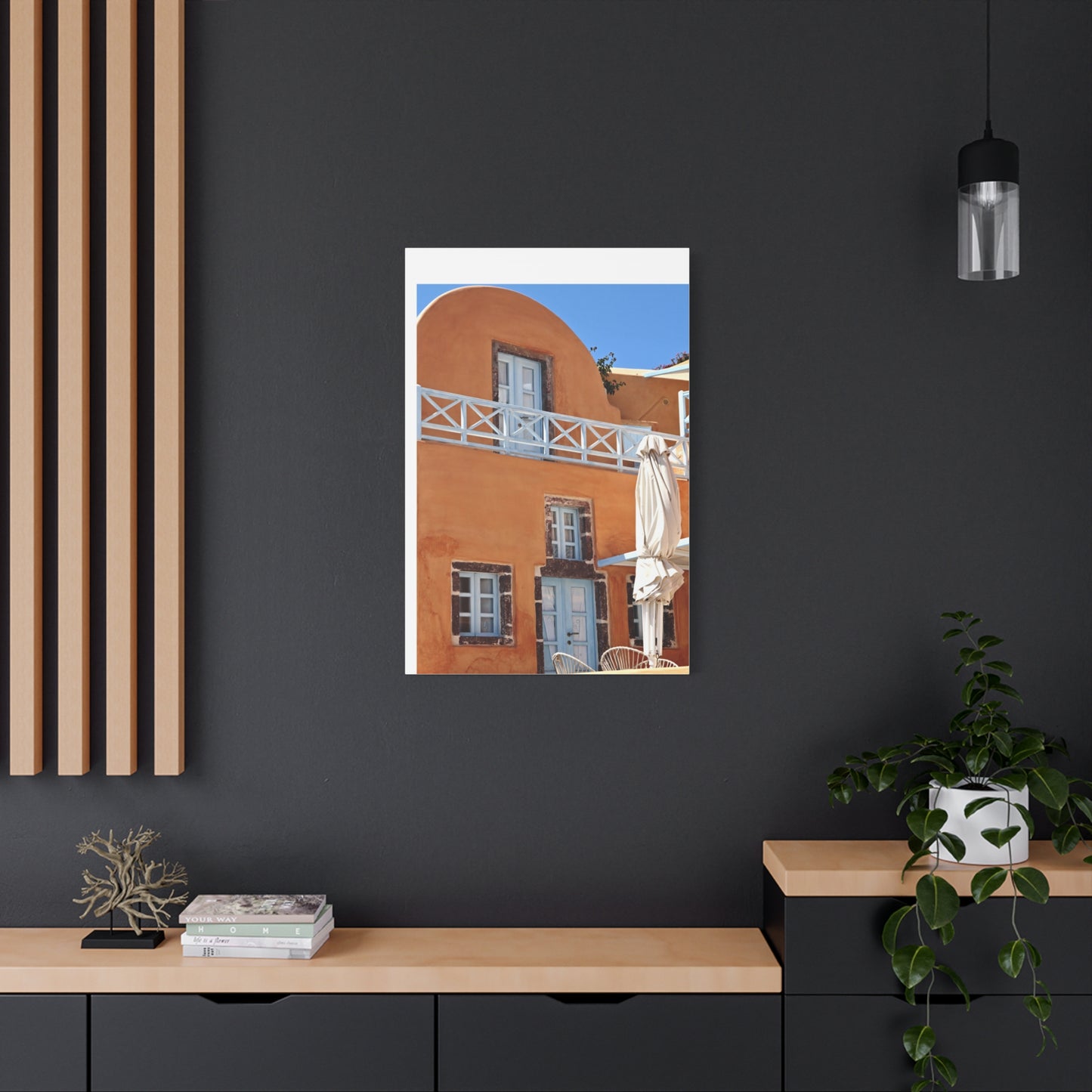 Oia Santorini Orange Facade Canvas — Mediterranean Terracotta Matte Wall Art