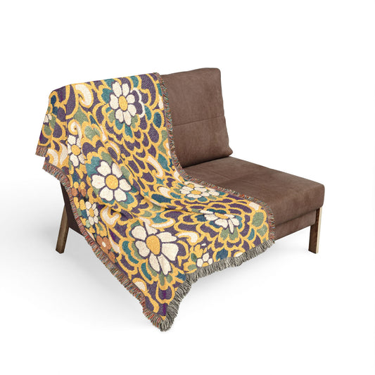 Retro Floral Woven Blanket | Vintage Flower Pattern Throw