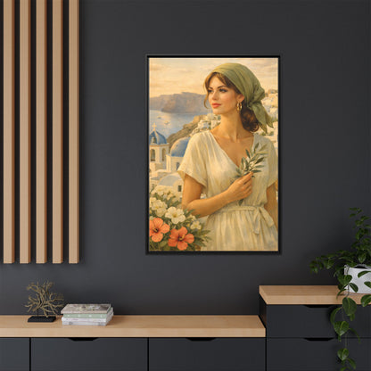 Oia Santorini Greek Woman Portrait — Romantic Vintage Framed Matte Canvas Art