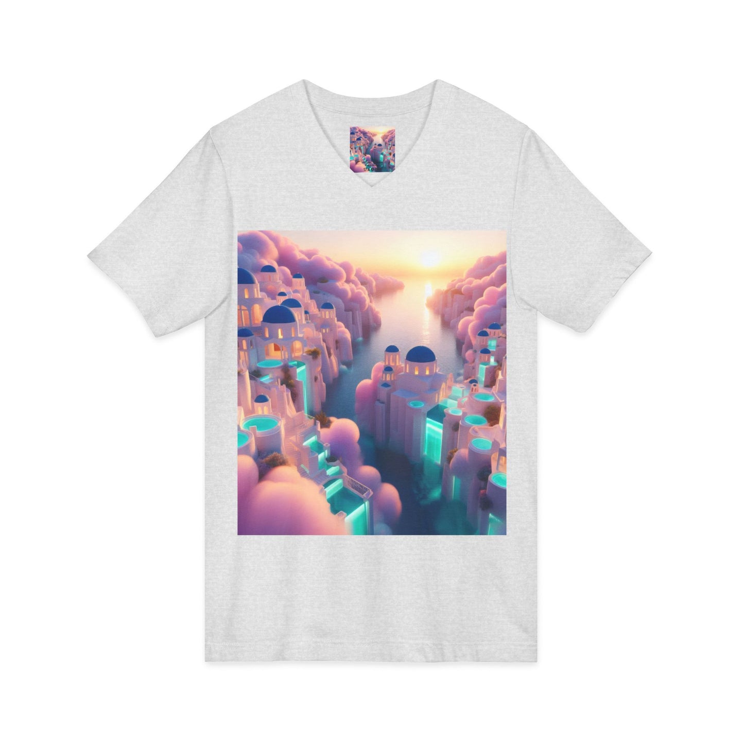 Dreamscape Sunset V-Neck Tee — Floating City Cloudscape Graphic Tee