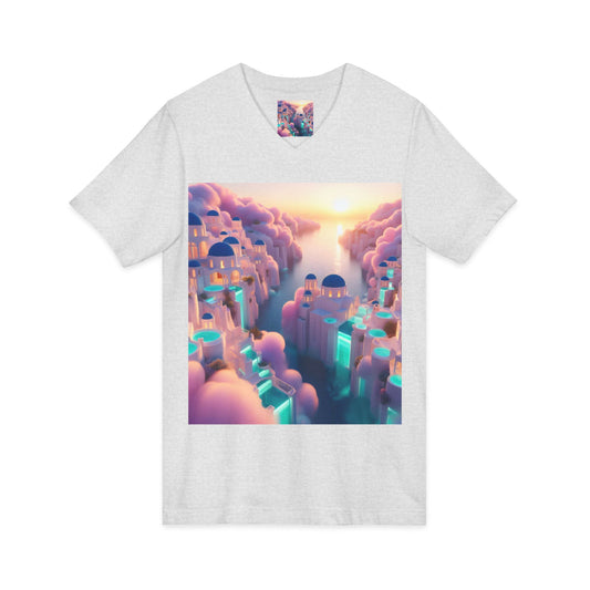 Dreamscape Sunset V-Neck Tee — Floating City Cloudscape Graphic Tee