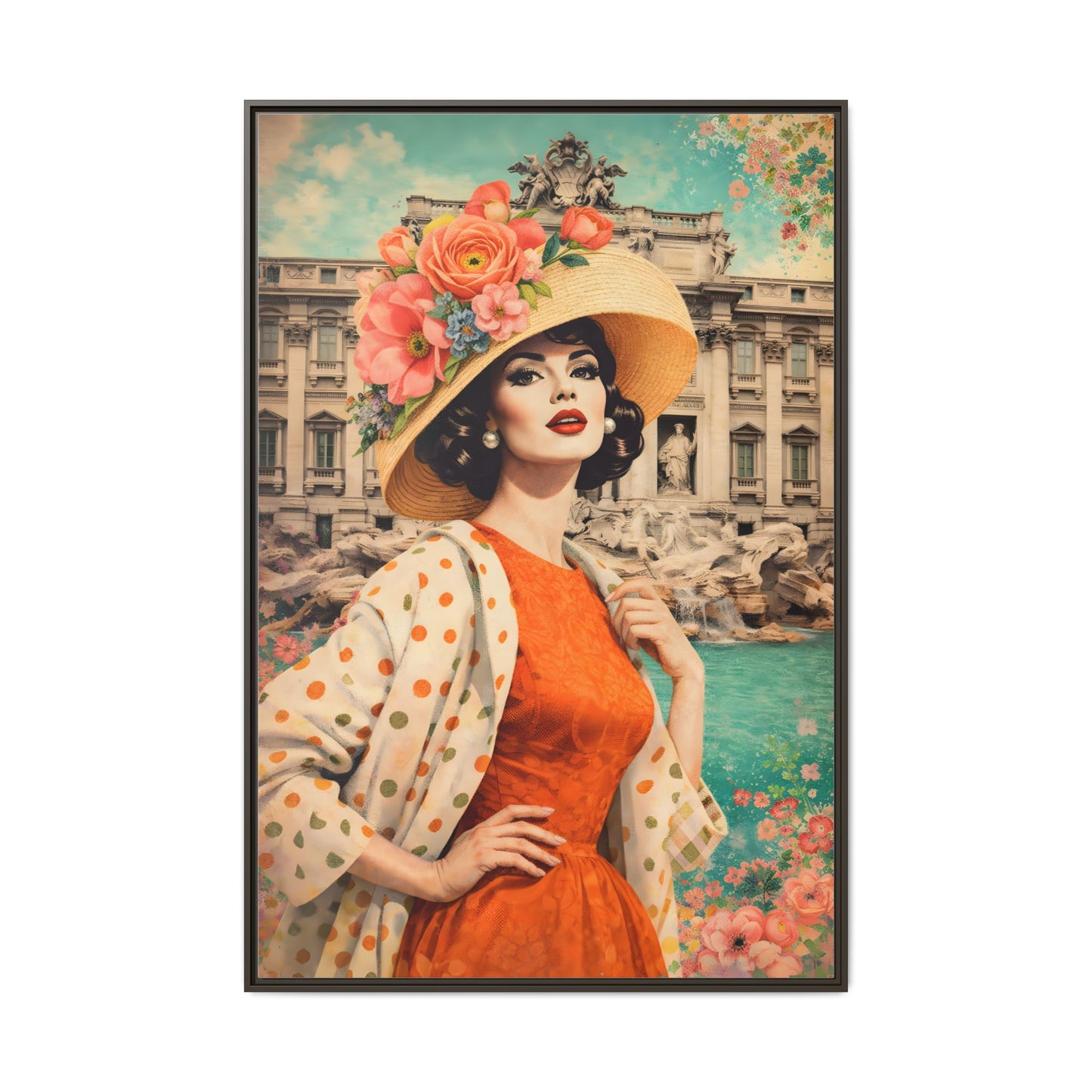 Elegant glamorous vintage woman in Rome front of Trevi Fountain, retro Italian travel fashion illustration,Framed Matte Canvas Art