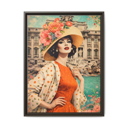 Elegant glamorous vintage woman in Rome front of Trevi Fountain, retro Italian travel fashion illustration,Framed Matte Canvas Art