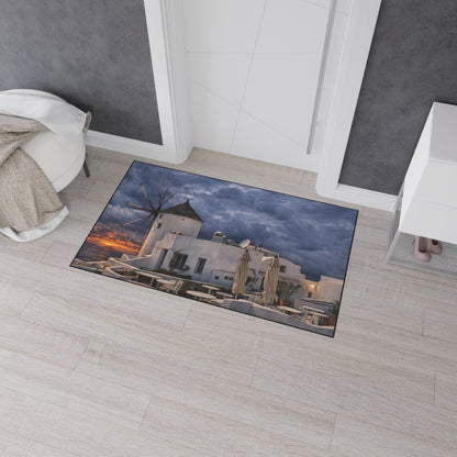 Oia Santorini Windmill Floor Mat — Mediterranean Coastal Sunset Home Decor