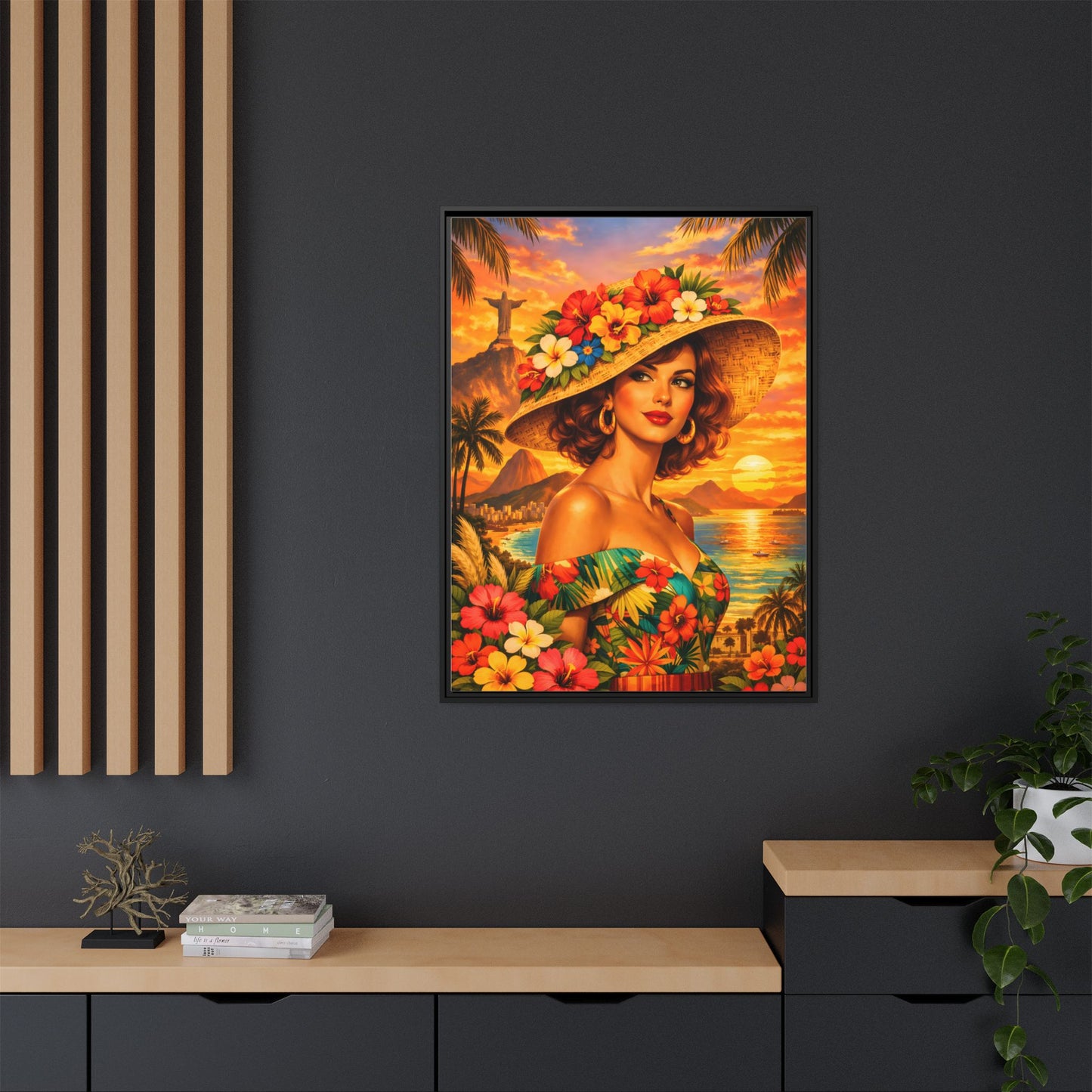Elegant glamorous vintage woman in Rio de Janeiro front of Christ the Redeemer statue, retro Brazilian travel fashion illustration Canvas — Framed