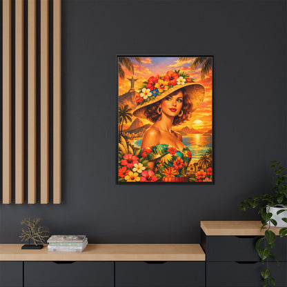 Elegant glamorous vintage woman in Rio de Janeiro front of Christ the Redeemer statue, retro Brazilian travel fashion illustration Canvas — Framed
