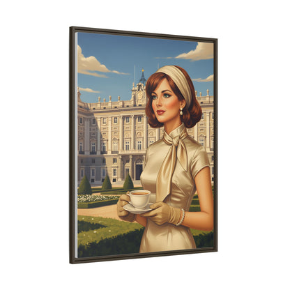 Elegant vintage woman drinking coffee in front of Royal Palace in Madrid Canvas Framed Wall Art