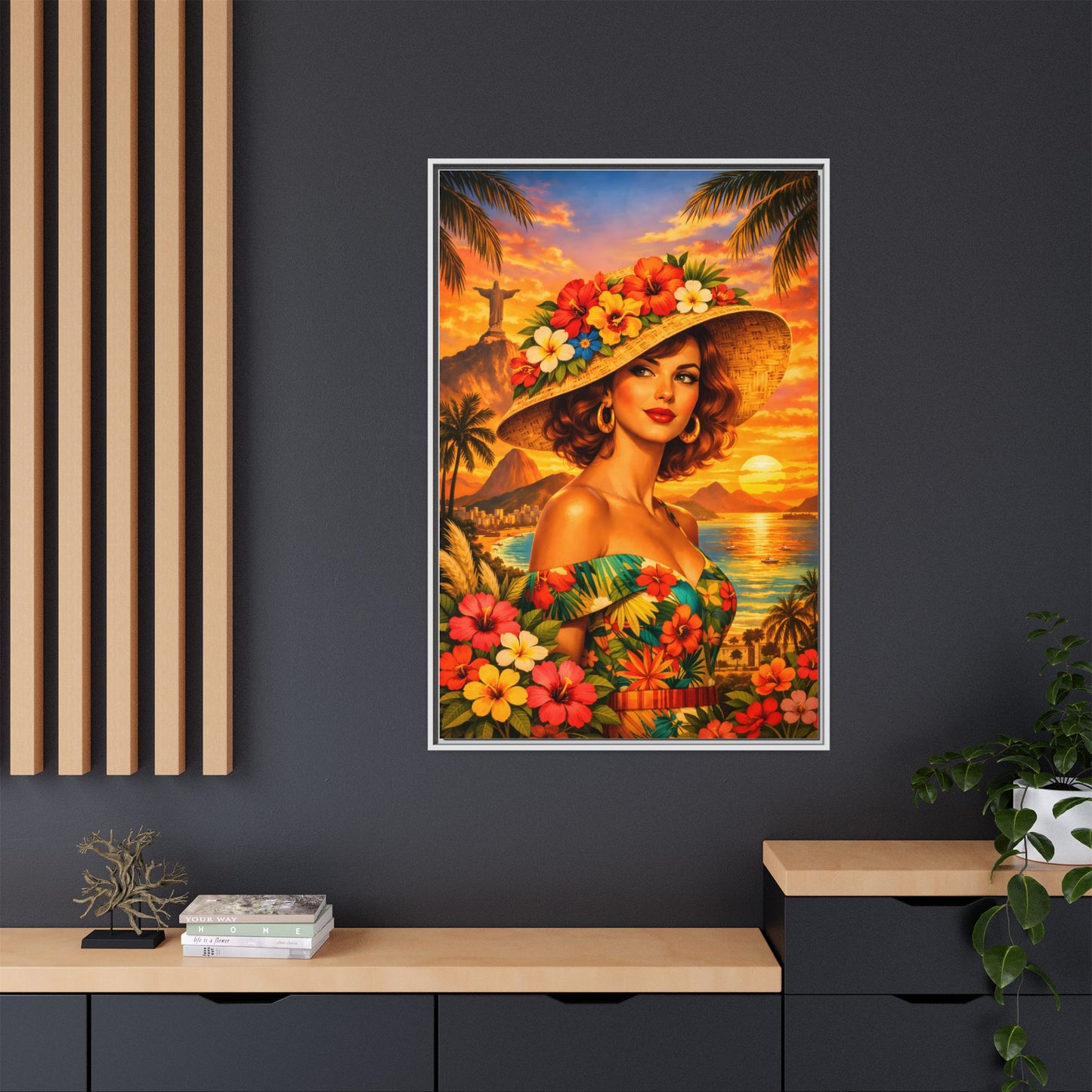 Elegant glamorous vintage woman in Rio de Janeiro front of Christ the Redeemer statue, retro Brazilian travel fashion illustration Canvas — Framed