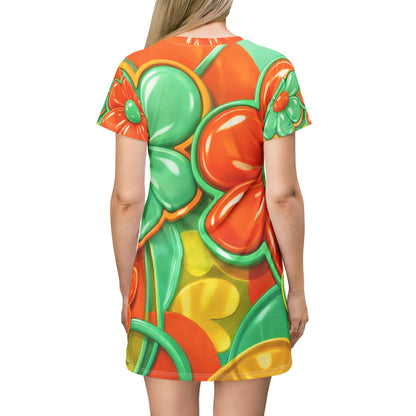 Retro Orange & Teal Floral T‑Shirt Dress — Bright 60s-Inspired All-Over Print