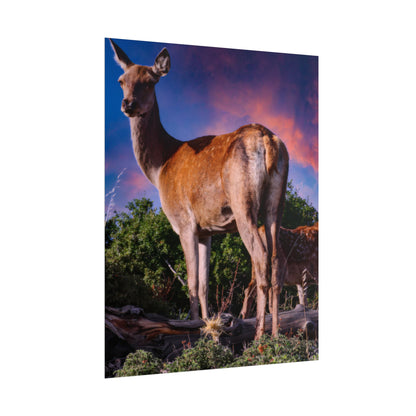 Majestic Deer Sunset Poster, Wild Doe and Fawn Nature Art, Purple Sky Wildlife Photography, Aesthetic Forest Wall Decor