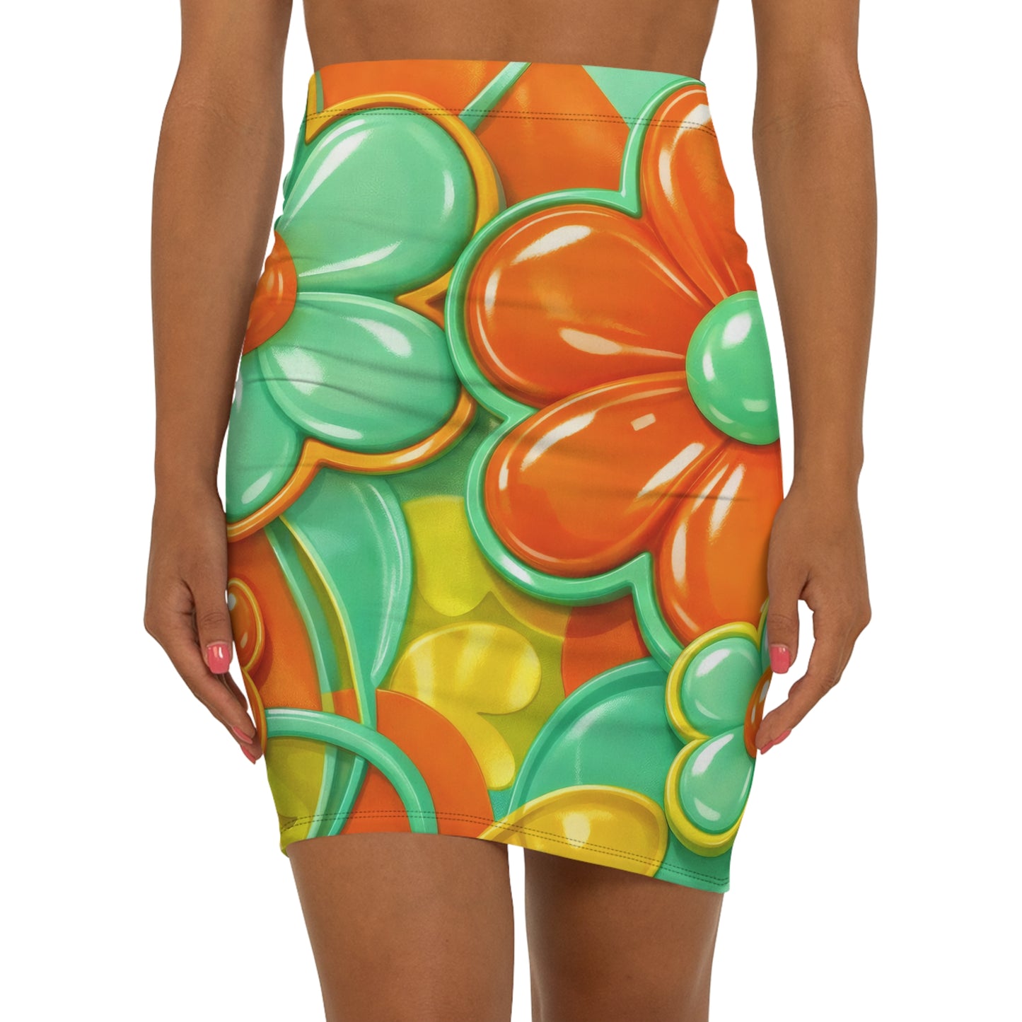 Retro Floral Pencil Skirt — Bright 60s Daisy Print Mid-Waist Skirt