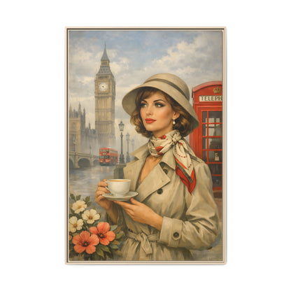 Elegant vintage woman drinking tea in front of Big Ben in London, retro British travel fashion illustration Matte Canvas