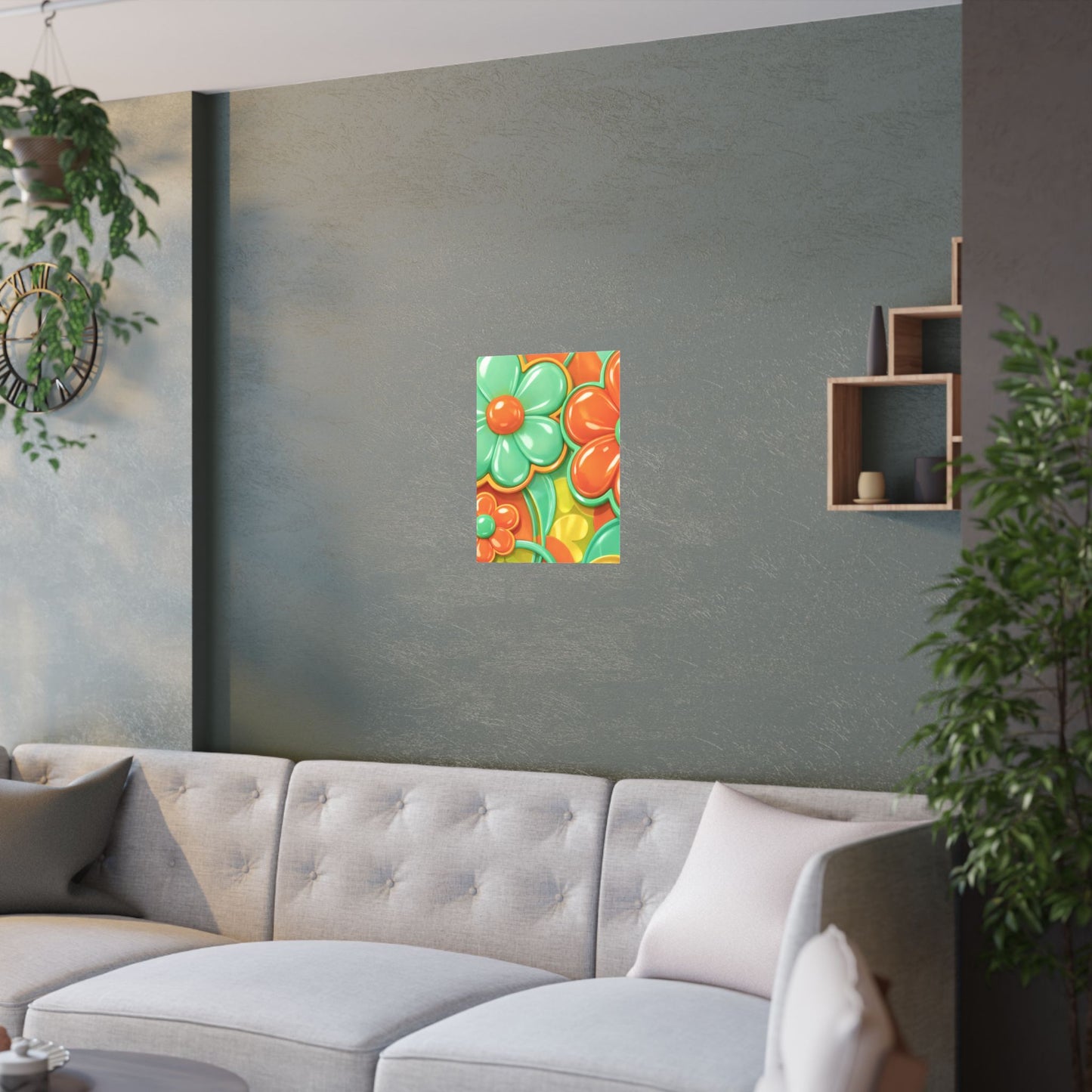 Retro Orange Teal Flower Pattern Poster | Satin Poster