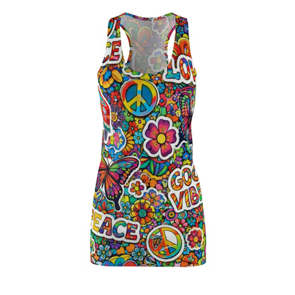Retro 70s Peace & Love Racerback Dress — Good Vibes All-Over Print
