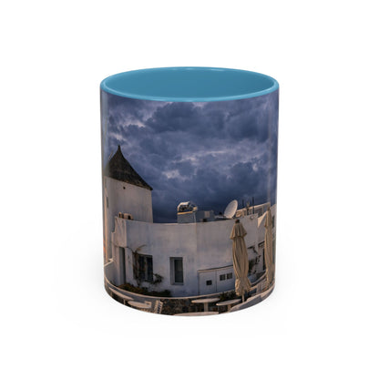 Santorini Windmill Sunset Accent Coffee Mug | Island Nightscape Greek Travel Gift | Unique Ceramic Mug