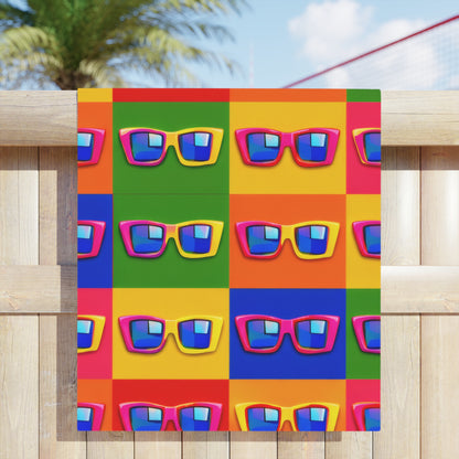 Pop Art Sunglasses Beach Towel — Retro Colorful Grid Summer Towel