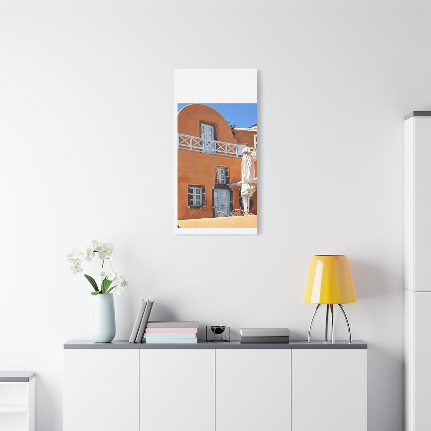 Oia Santorini Orange Facade Canvas — Mediterranean Terracotta Matte Wall Art