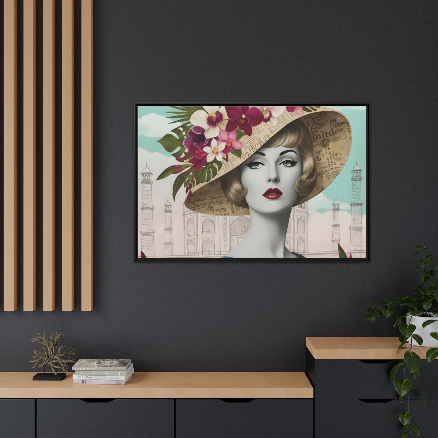 Elegant vintage pop art woman in front of Taj Mahal in India Canvas Wall Art