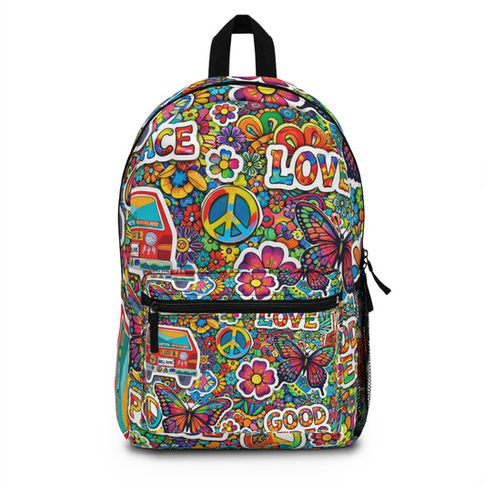 Hippie Floral 'Peace Love Good Vibes' Backpack — Retro Van & Peace Signs