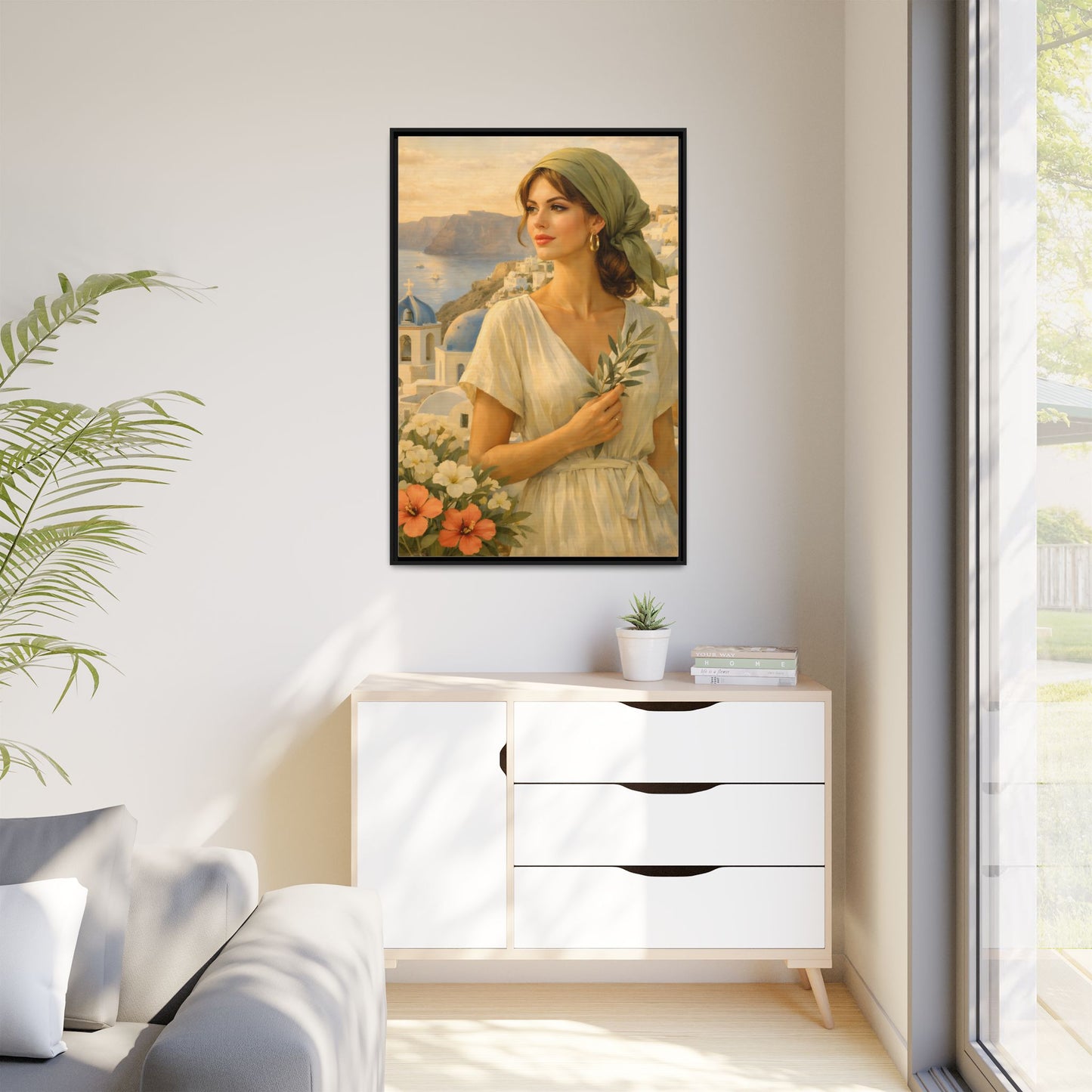 Oia Santorini Greek Woman Portrait — Romantic Vintage Framed Matte Canvas Art