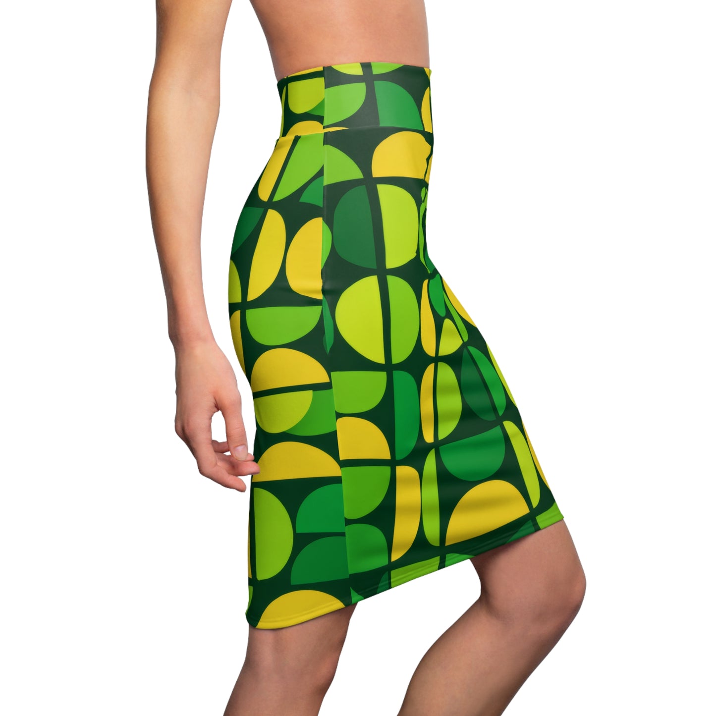 Retro Green Geometric Pencil Skirt — Vibrant Mod Pattern