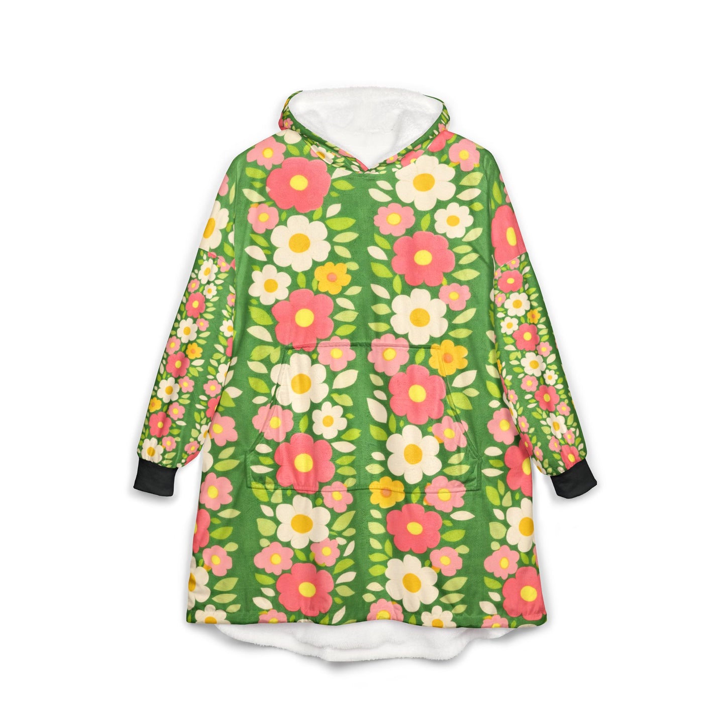 Floral Hoodie — Retro Pink & White Flower Sherpa Throw