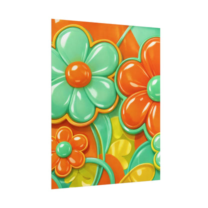 Retro Floral Pop Art Rolled Poster | Orange Teal Flower Print