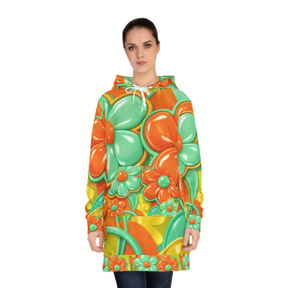 Retro Floral Hoodie Dress - Orange & Teal 60s Flower Power All-Over Print