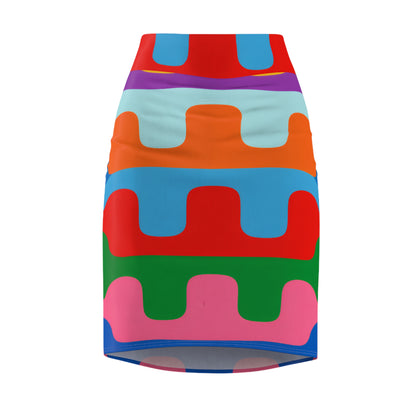 Colorblock Wave Pencil Skirt — Bold Abstract Pattern Women's Skirt
