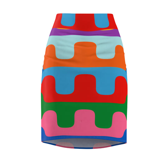 Colorblock Wave Pencil Skirt — Bold Abstract Pattern Women's Skirt
