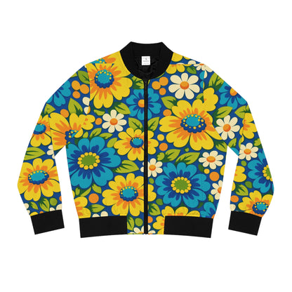 Floral Bomber Jacket — Retro Yellow & Blue Flower All-Over Print