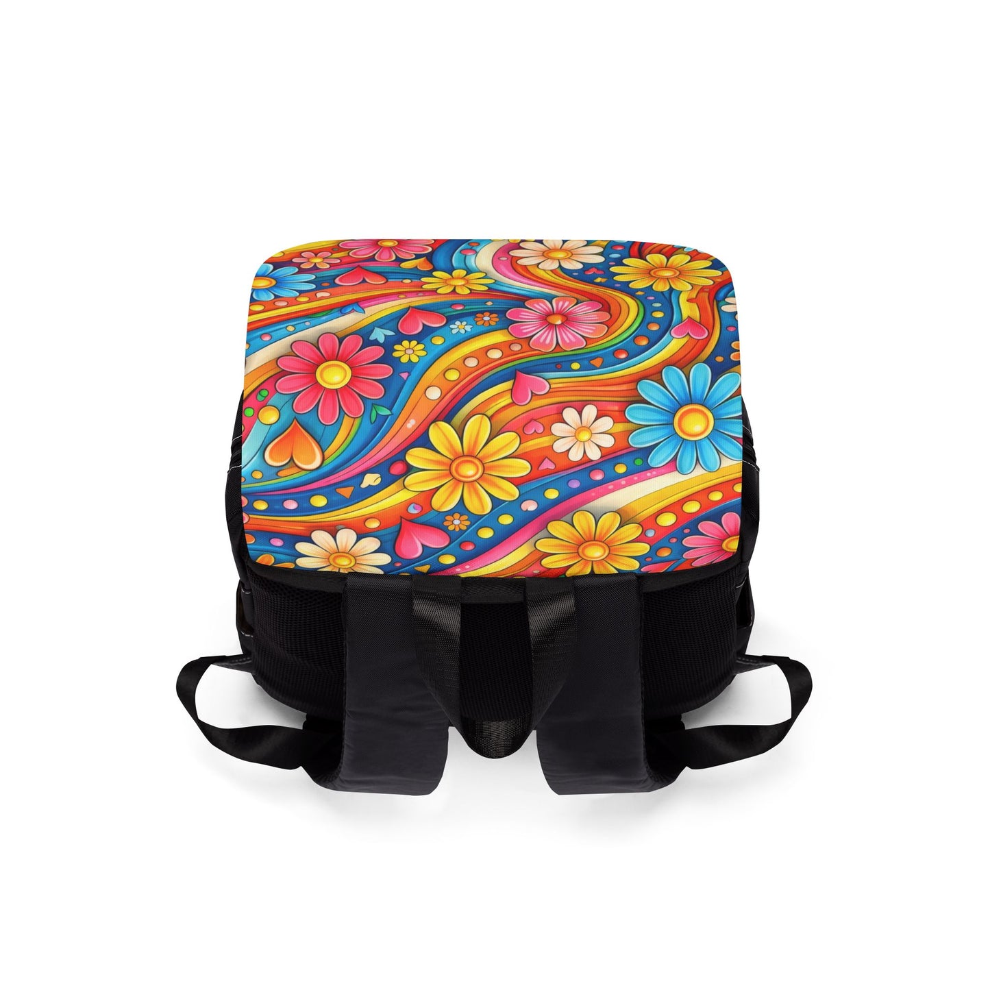 Retro Floral Groove Backpack - Colorful 70s Flower Power Shoulder Bag