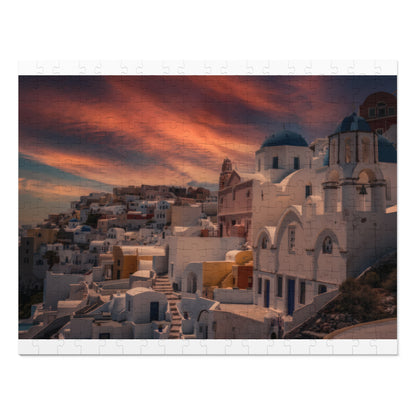 Santorini Sunset Jigsaw Puzzle, Oia Greece Blue Dome Game, Dreamy Mediterranean Sky Art, Greek Island Travel Gift, Aesthetic Scenic Puzzle