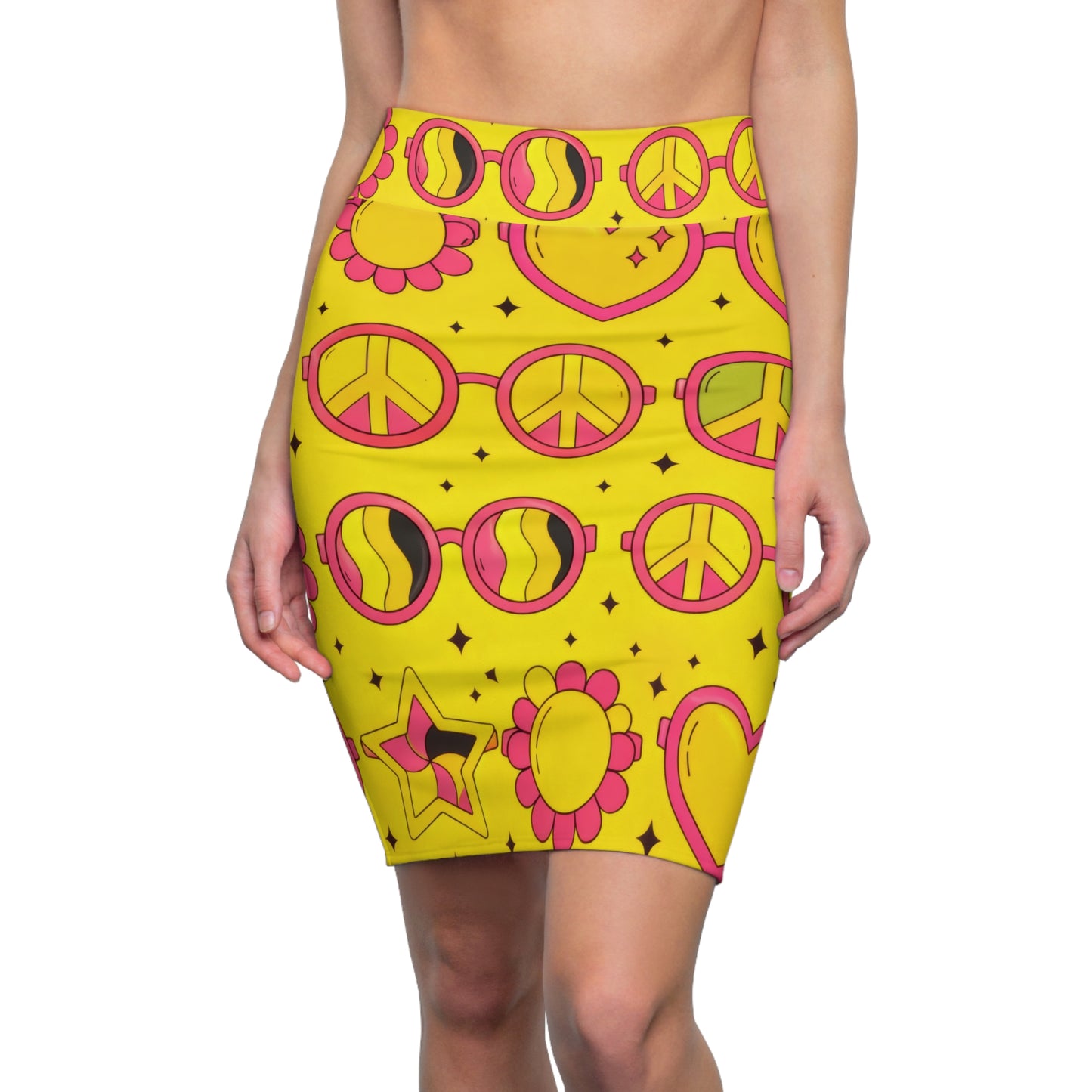 Retro 70s Hearts & Peace Pencil Skirt — Yellow Psychedelic Print