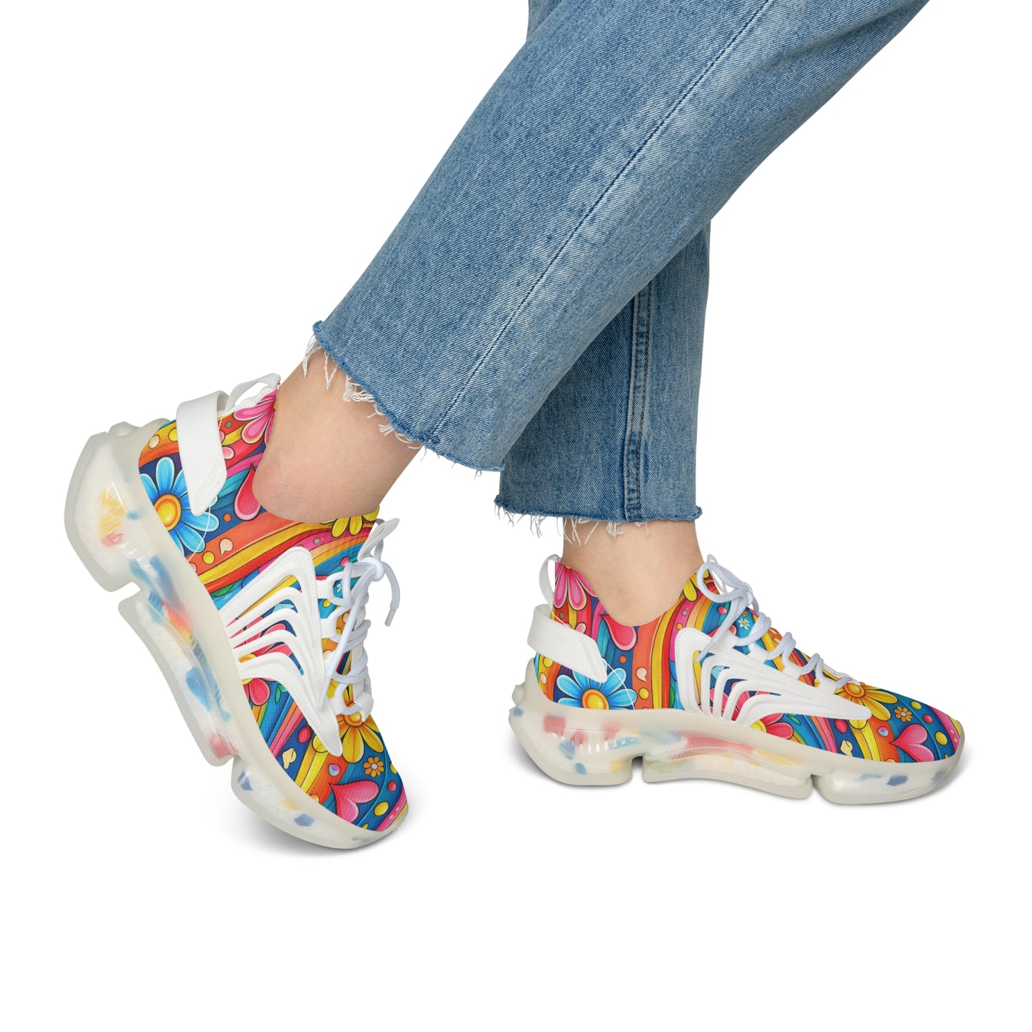 Mesh Sneakers — Colorful Retro Floral Heart Pattern