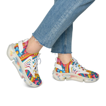 Mesh Sneakers — Colorful Retro Floral Heart Pattern