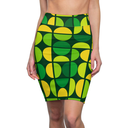 Retro Green Geometric Pencil Skirt — Vibrant Mod Pattern