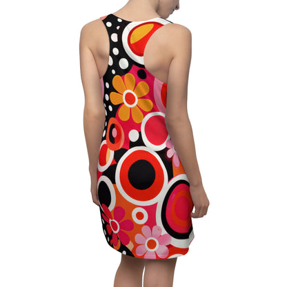 Retro Floral Racerback Dress — Pink & Red Mod Circles Print