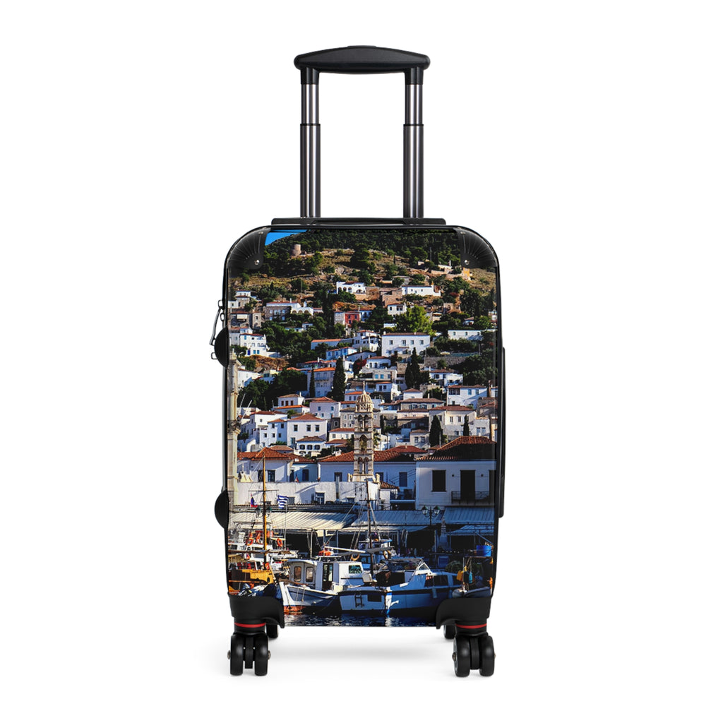 Hydra Harbor Suitcase - Greek Island White Houses & Boats Luggage | Original Photo - Saronic Gulf