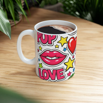 Pop Art Comic Ceramic Mug | Fun Hearts & Lips Coffee Cup (11oz, 15oz)