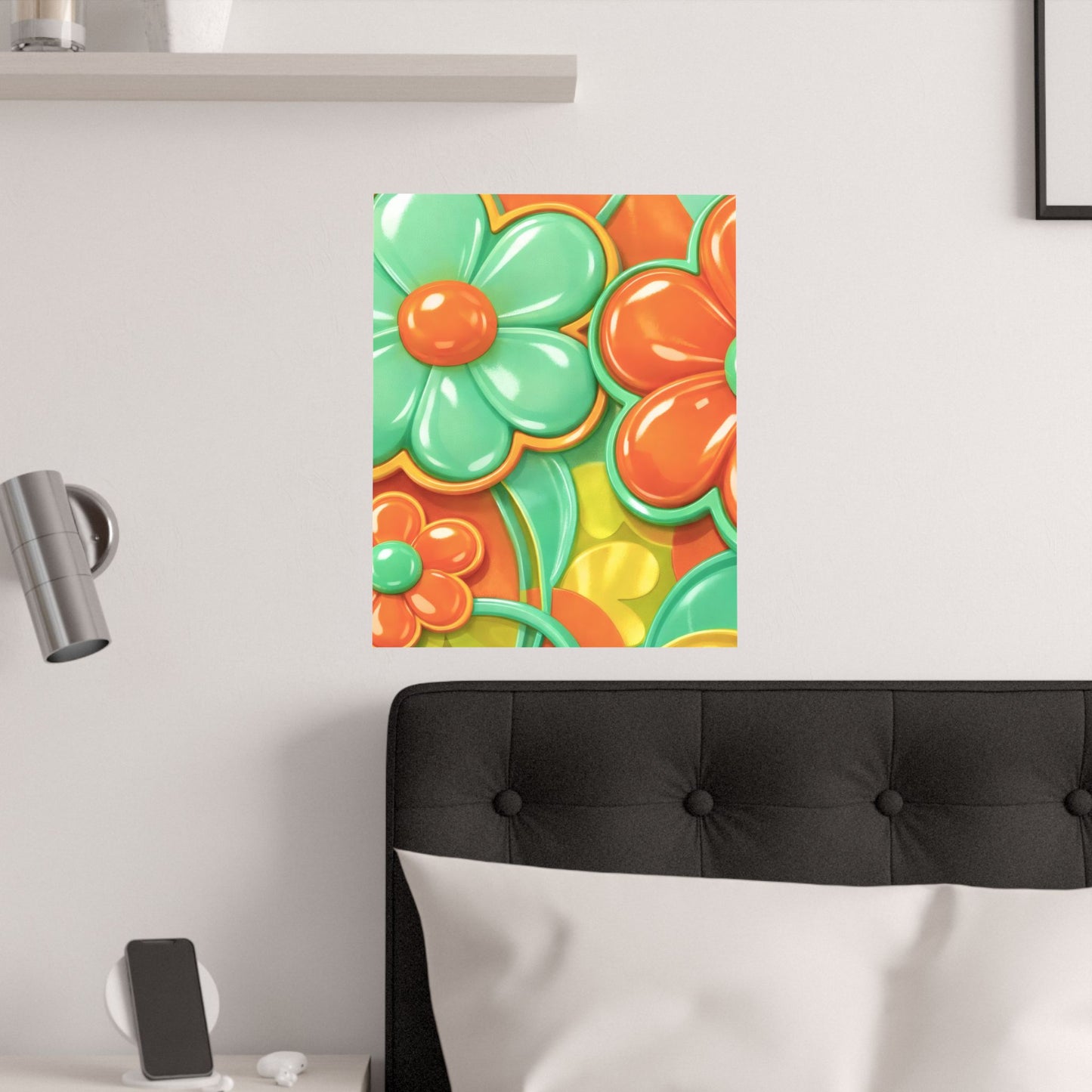 Retro Orange Teal Flower Pattern Poster | Satin Poster
