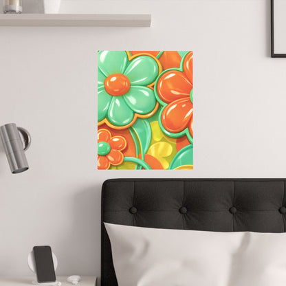 Retro Orange Teal Flower Pattern Poster | Satin Poster