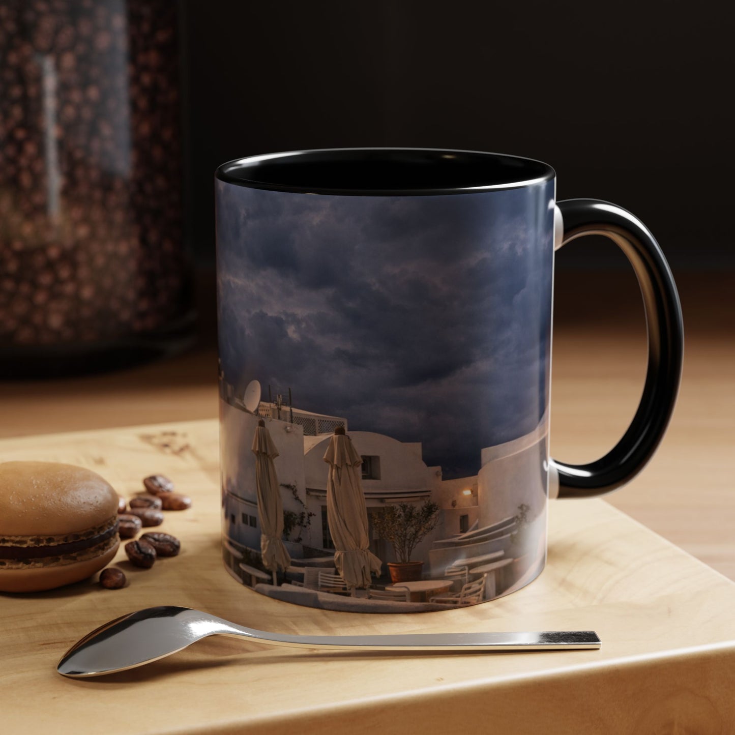 Oia Santorini Windmill Sunset Accent Coffee Mug — Greek Island Nightscape Gift
