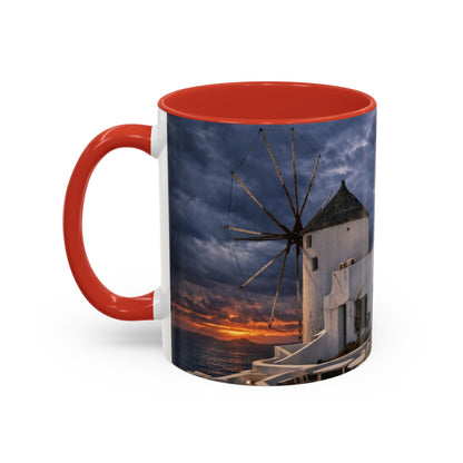 Santorini Windmill Sunset Accent Coffee Mug | Island Nightscape Greek Travel Gift | Unique Ceramic Mug