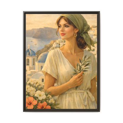 Oia Santorini Greek Woman Portrait — Romantic Vintage Framed Matte Canvas Art