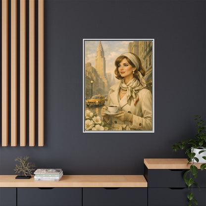 Elegant Vintage Woman with Coffee in New York — Retro Pop Art Framed Canvas
