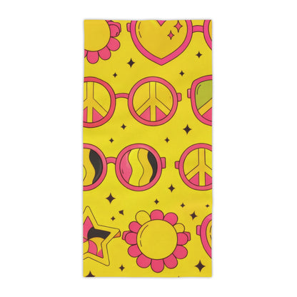Retro Peace & Love Beach Towel — Yellow Floral Heart Paisley Pattern